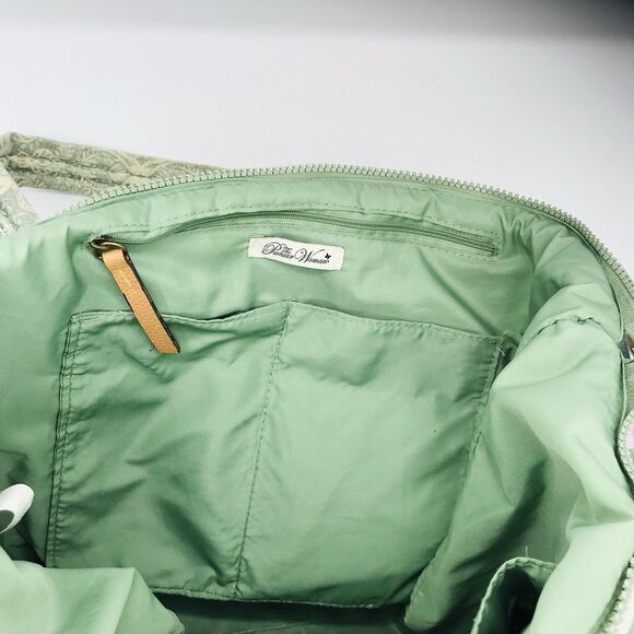 Pioneer Woman Aubrey Quilted Print Tote Floral Green Faded Denim w Zipper Large - Picture 14 of 15